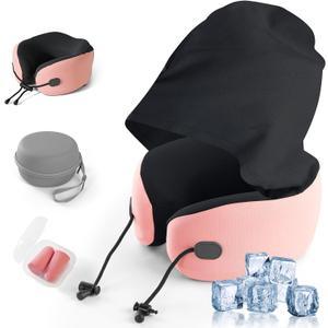 Neck Pillow for Travel, Premium Carbon-Infused Memory Foam, Cooling Fabric Pillow for Airplane, 360° Neck Support for Long Flights, Hooded Travel Pillowl for Planes, Cars and Office, Hooded, Pink