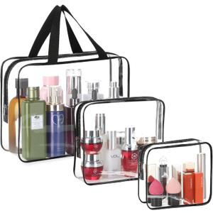3 Pieces Large Clear Travel Bags for Toiletries, Waterproof Clear Plastic Cosmetic Makeup Bags, Transparent Packing Organizer Storage Bags (Black)