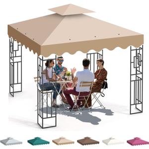 10x10 Canopy Replacement Top, Double Tiered Gazebo Cover with Air Vent Heavy Duty, Waterproof Gazebo Roof with Upgraded 300D Polyester for Outdoor Patio Garden Canopy (Khaki, Wavy Edge)