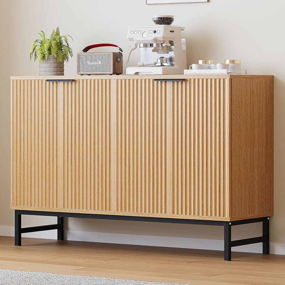 Luoxiao Buffet Sideboard with 4 Fluted Doors, 47" Modern Credenza Accent Cabinet with Adjustable Shelves, Console Table & Solid Legs, Coffee Bar Cabinet for Living Room, Hallway Natural Oak