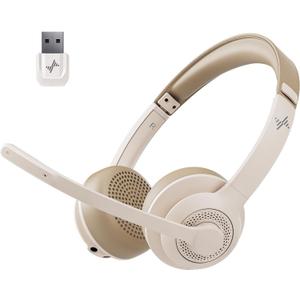 Wireless Headset with AI Noise Cancelling Microphone Bluetooth Headset - Bluetooth V5.2 Headphones with USB Dongle & Mic Mute for Computer/Laptop/PC/iPhone/Android/Cell Phones (White)