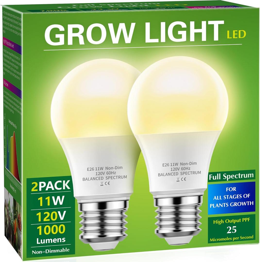 Grow Light Bulbs, Briignite LED Grow Light Bulb A19 Bulb, Full Spectrum Grow Light Bulb, Plant Light Bulbs E26 Base, 11W Grow Bulb 100W Equivalent, Grow Light for Indoor Plants, Seed Starting, 2Pack (Warm White)