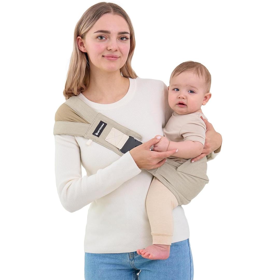 AUYEAZGO Toddler Sling Carrier - Premium Cotton, Expandable & Ergonomic, One Size Fits All, Ideal for 6-48 Months (16-44 lbs), Compact & Easy to Use, One-Hand-Free, Beige