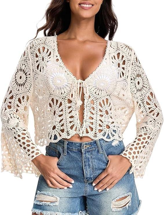 Women's Crochet Cardigan Bell Sleeve Tie Front Hollow Out Cropped Vacation Tops Summer Length Sleeve Beach Cover Ups