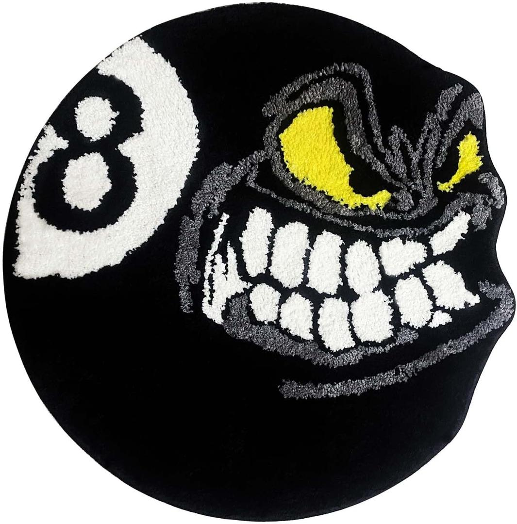 Angry 8 Ball Rug, 24" Cool Rugs for Bedroom Men, Black Round Area Rug for Man Cave, High-Pile Flocking Soft Aesthetic Carpet for Living Room Decor, Hypebeast Room Decor