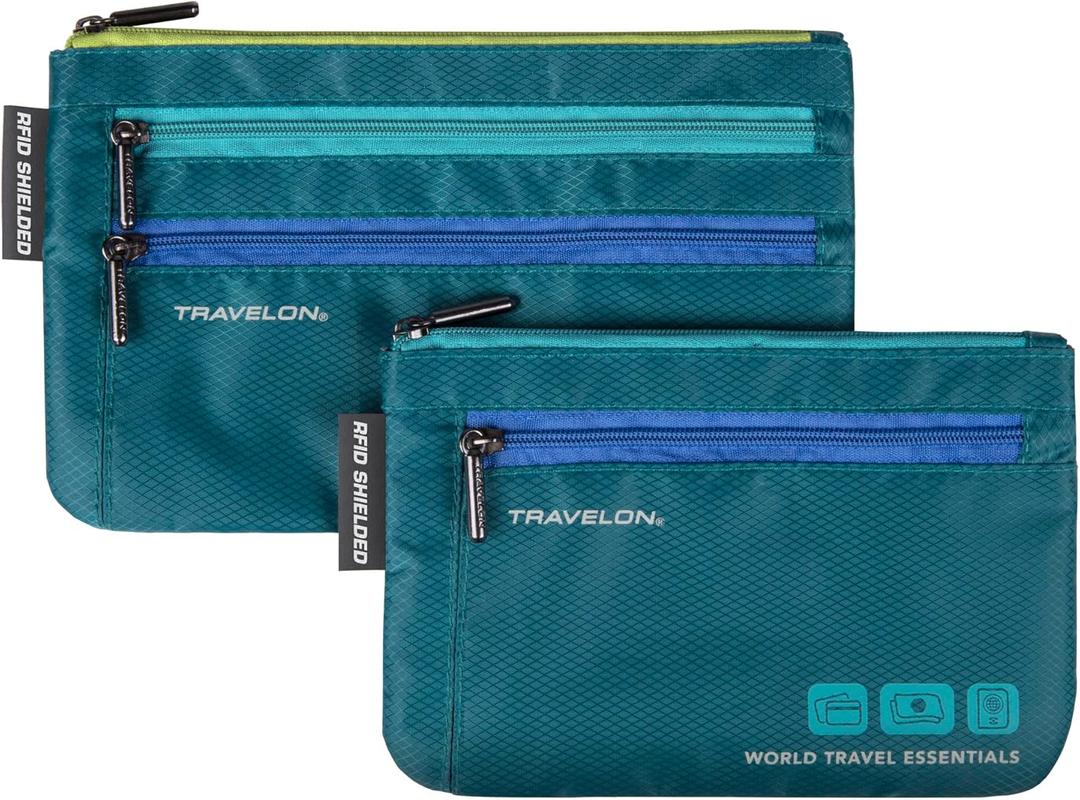 Travelon World Travel Essentials Set of 2 Currency and Passport Organizers (Set of 2: Small (6.5" x 4.75"), Large (7.75" x 5"), Peacock Teal)