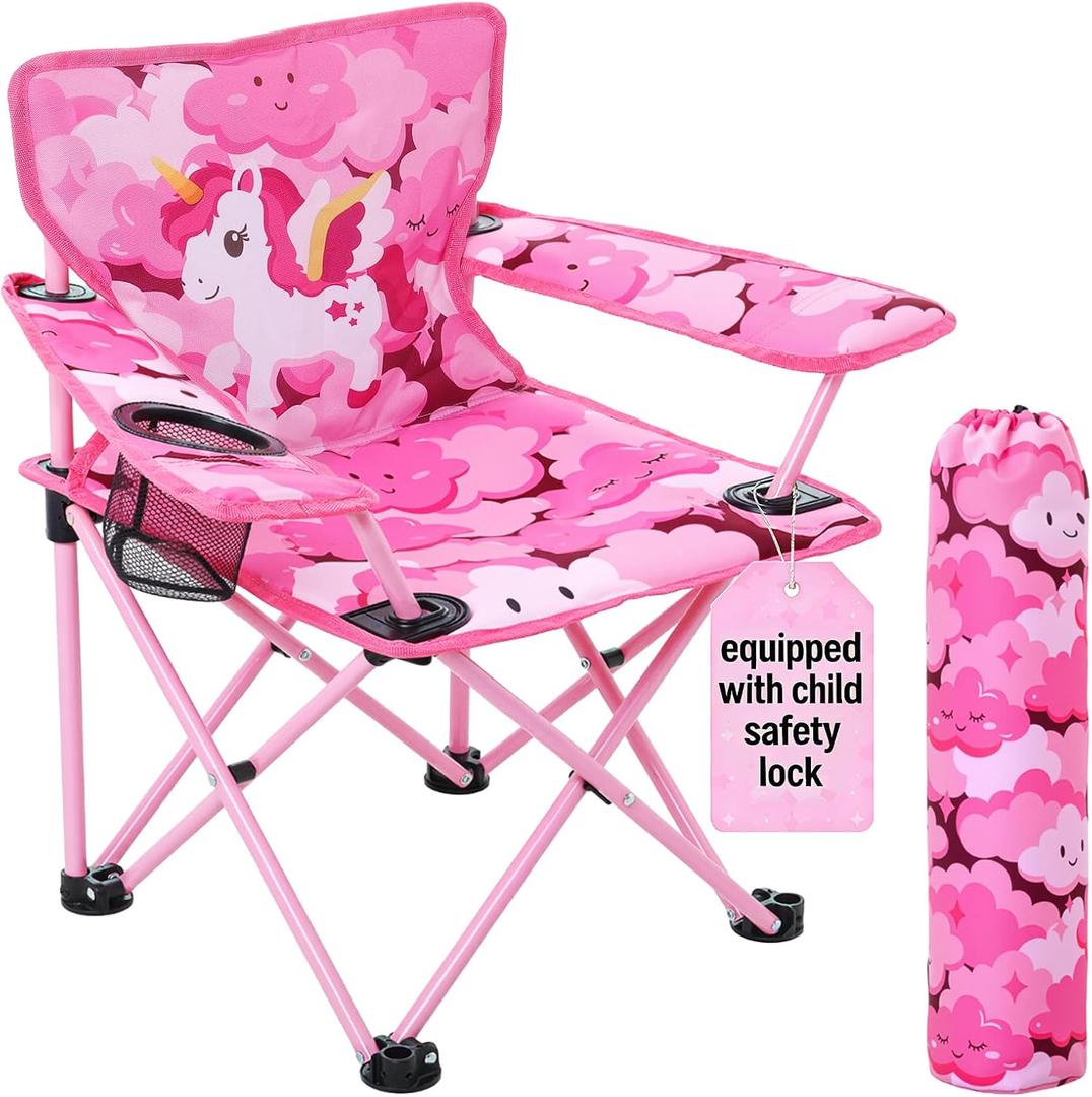 Huskfirm Padded Kids Camping Chair Folding Toddler Chair with Cup Holder & Safety Lock Portable Kids Beach Chair Ages 3-6 for Outdoor Camping Foldable Kids Chair Support 120lbs,Pink Unicorn