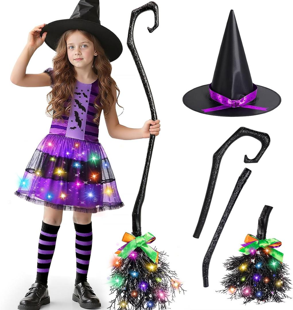 MSKOLER Witches Costume for Girls 3-8 6-12, Halloween Witches Dresses with Broom, Hat for Role Playing, Fairytale Halloween Party Birthday Gifts for Kids Toddlers Girls Age 3-5 5-8 8-12 (Medium)
