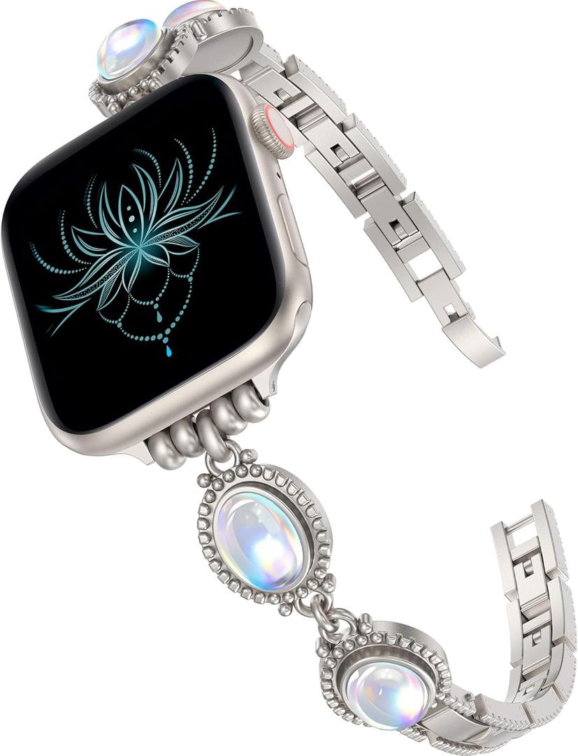 Moolia Turquoise Stone Bracelet Compatible with Apple Watch Band 42/41/40/38/46/45/44/49mm Women Metal Handmade Adjustable Replacement for iWatch Series 11 10 9 8 7 6 5 4 3 2 1 SE/Ultra1/2/3 (Starlight/Pearl)