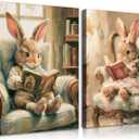 Rabbit Reading Canvas Wall Art Set, Cute Bunny Animal Painting Prints, Vintage Storybook Style Nursery Decor, Whimsical Woodland Wall Decor for Kids Room Bedroom Living Room 12x16in Ready to Hang