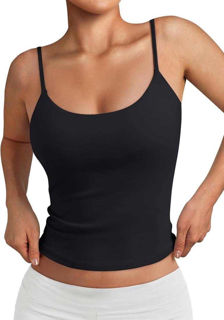 Trendy Queen Double Lined Adjustable Spaghetti Strap Tank Top for Women Cute Summer Basic Crop Top for Teen Workout Going Out (Medium, Black)