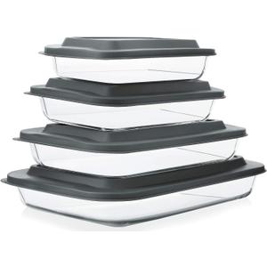 8-Piece Deep Glass Baking Dish Set with Plastic Lids, Rectangular Glass Bakeware Set with Lids, Baking Pans for Lasagna, Leftovers, Cooking, Kitchen, Freezer-to-Oven and Dishwasher, Gray