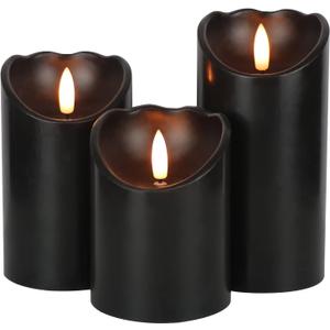Eldnacele Black Flameless Flickering Candles with 6H Timer, 3D Wick Realistic Battery Operated Real Wax LED Pillar Candles Set of 3 Home Wedding Party Halloween Decoration(D3” x H4”5”6”)
