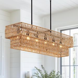 6-Light Boho Rattan Chandeliers for Dining Room, 2 Layer Large Linear Chandelier Rattan Pendant Light Fixture Farmhouse 34 Rectangle Chandelier for Kitchen Island Bar Living Room