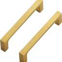 Ravinte 5 Pack Solid 4 Inch Kitchen Square Cabinet Handles Brushed Brass Cabinet Pulls Drawer Pulls Kitchen Cabinet Hardware Handles (4" Hole Center)
