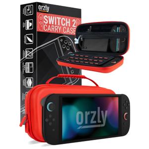 Orzly Case Compatible with Nintendo Switch 2  Protective Travel Carry Case with Screen Padding, Game Card & microSD Slots, Zipped & Open Pockets for Accessories  7.9" Gift Boxed (Red)