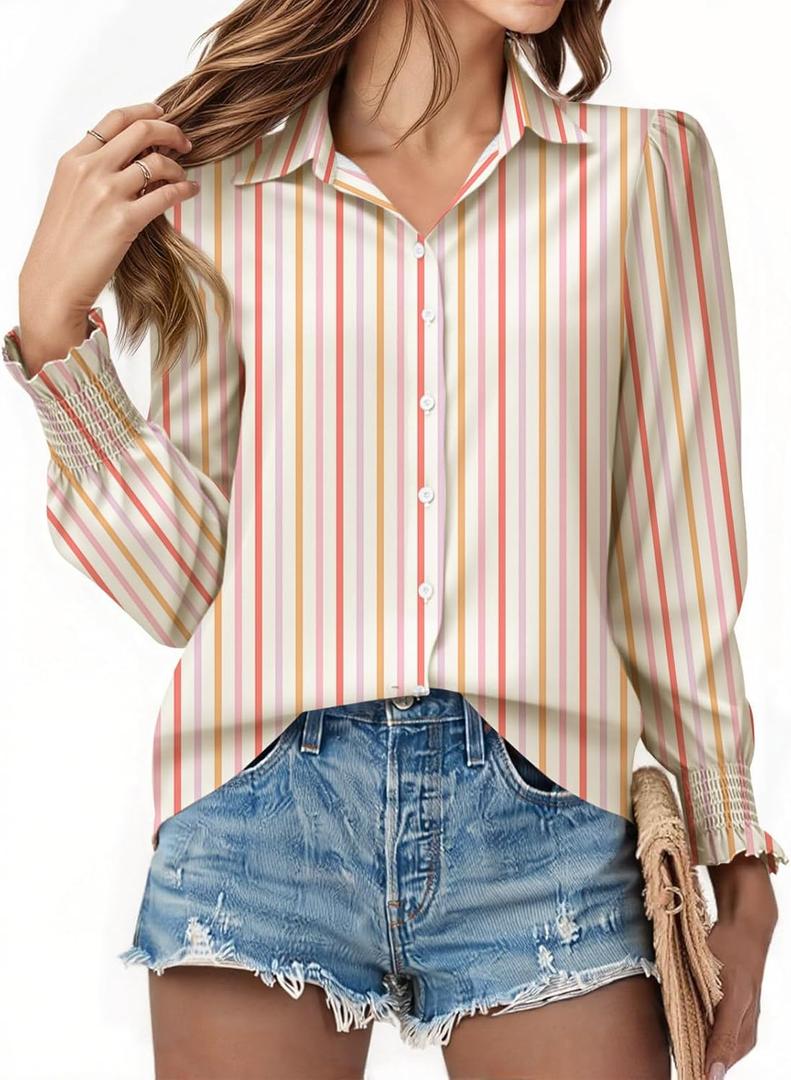 Yousify Womens Puff Long Sleeve Button Down Shirts Striped Casual Loose Fit Blouse Trendy Fall Tops (Orange)