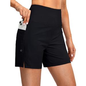 G Gradual Women's 5" High Waisted Swim Board Shorts with Phone Pockets UPF 50+ Quick Dry Beach Shorts for Women with Liner (Black, XL)