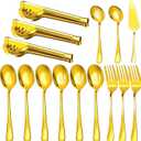 Serving Utensils, 15 Pcs Stainless Steel Large Flatware Serving Tools Kit, Included Spoons, Forks, Tongs, Slotted Spoon, Ladle, Cake Server for Kitchen Catering Banquet Wedding Buffet Party, Gold