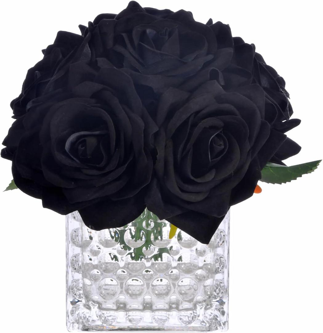 Fule Artificial Silk Rose Flower Centerpiece Arrangement in Glass Vase with LED Light for Home Wedding Decoration (Black)