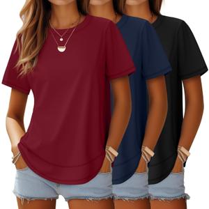Ficerd 3 Pack Women's Short Sleeve T-Shirts, Loose Fit Crew Neck Tunic Tops Casual Solid Basic Tee Shirts Curved Hem Blouses (Large, Black, Navy Blue, Red)