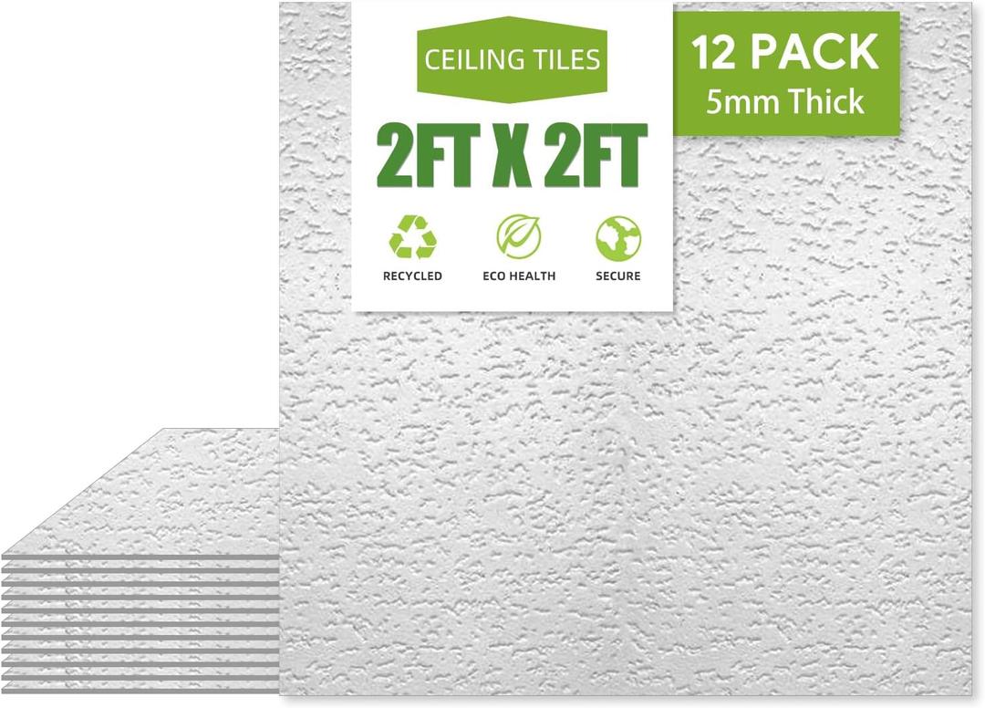 2ft x 2ft Drop Ceiling TilesPrinted Pro Ceiling Tiles 24 x 24in. Waterproof, Washable and Fire-Rated - Reusable - High-Grade PVC to Prevent Breakage Cover 48 Sq. Ft, Pack of 12 Tiles (White)