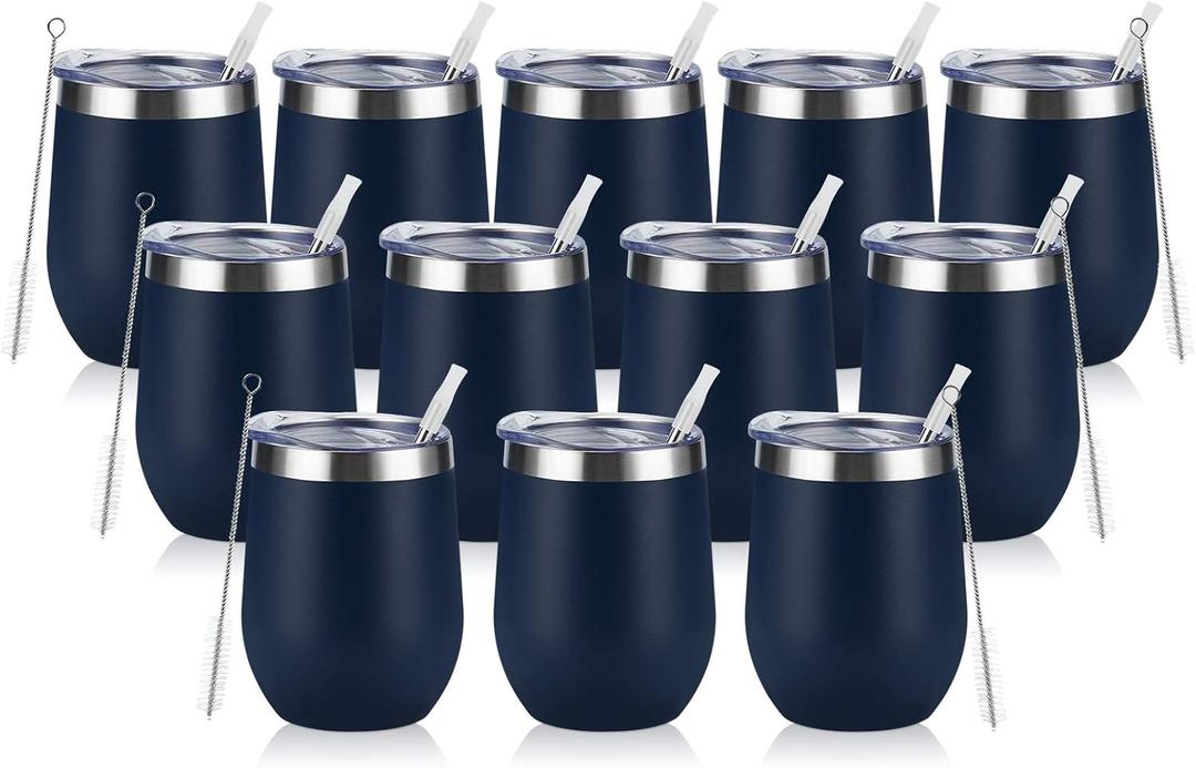 12 Pack Stainless Steel Wine Tumblers, 12Oz Double Wall Vacuum Insulated Wine Tumblers with Lids and Straws, Stainless Steel Stemless Wine Glasses for Coffee, Wine, Cocktails, Champaign, Navy Blue