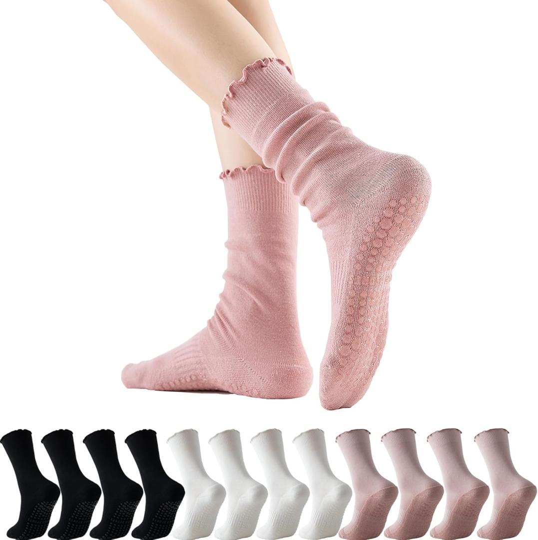 GLENMEARL Pilates Socks with Grips for Women, 3/6 Pairs Yoga Non Slip Long Socks, Grip Sock for Pilates, Dance Workout (9-11, 6 Pack Lace (Black,white,pink))