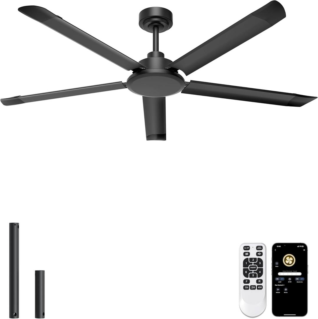 Ohniyou 60'' Ceiling Fan No Light, Black Industrial Ceiling Fan with Remote/APP, Aluminum Blades, 6800 CFM DC Motor for Patios, Living Room, Shop, Garage