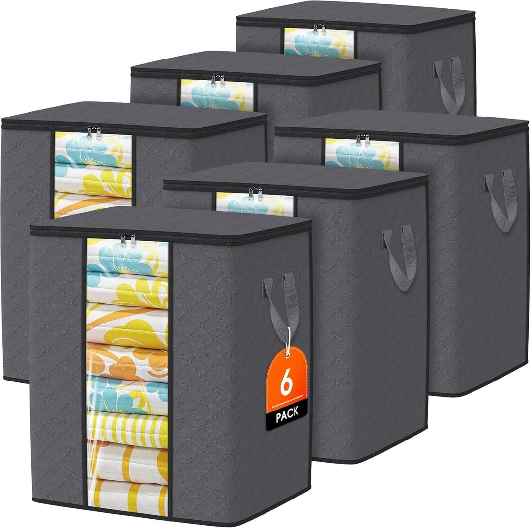 SpaceTrove Blanket Storage Bags, 6-Pack Comforter Blanket Organizers, 80L Large Capacity Containers with Visual Window for Clothing, Quilt, Sheet, Pillow, Closet Organization for Bedding (Grey) (Gray)