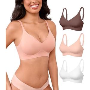 3 Womens Seamless Bras No Underwire Push Up Bras Comfort V Neck Padded Bra Wireless Bralette Basic Everyday Bra Multiple Pack, XL