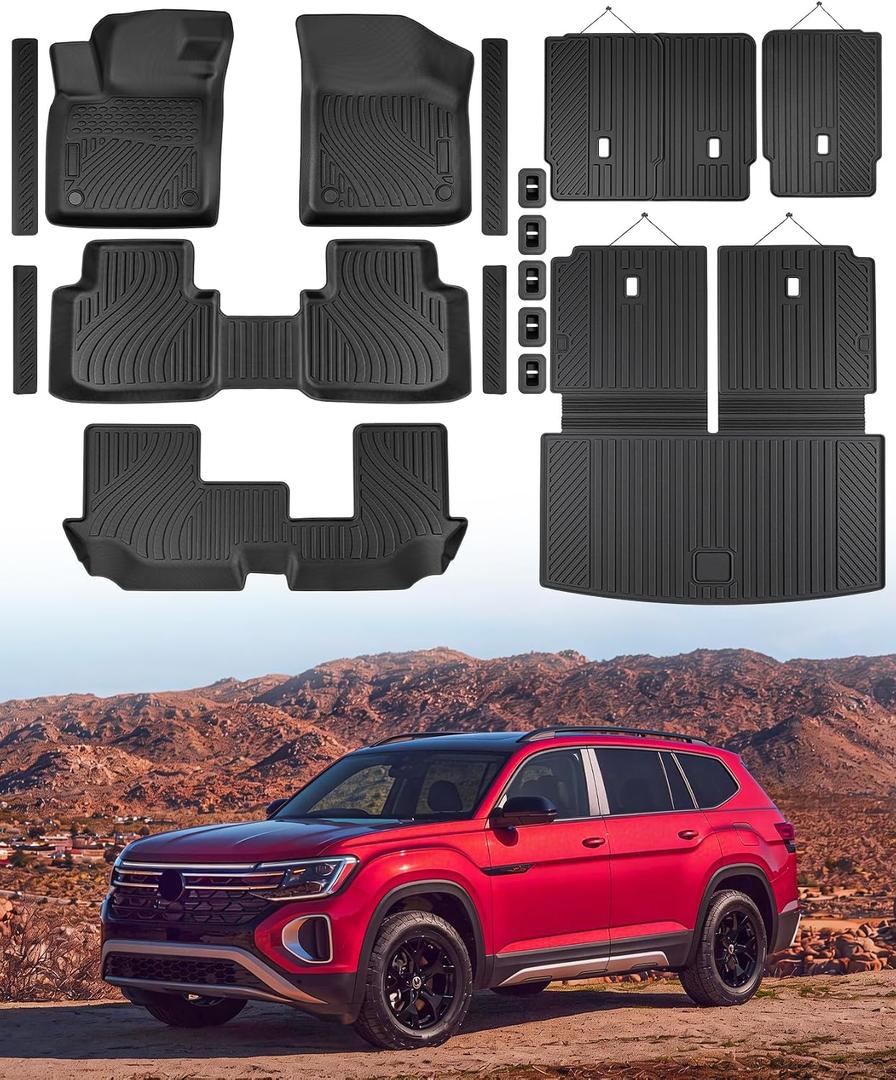 Full Set of Floor Mats for Volkswagen Atlas 2018-2025 2026(7 Seats, Not for Cross Sport), Cargo Liner & Backrest Mats & Door Sill Guards, All Weather Anti-Slip Car Interior Accessories for VW Atlas