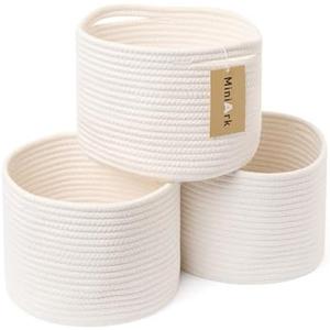 MiniArk Small Basket for Organizing | Cube Shelf Closet Storage Baskets | 9.7×9.7×7.1” | Woven Rope Gift Basket | Nursery | Round 3 Packs Off White