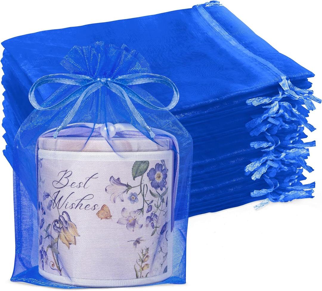 Crweety 6x9 Inch Royal Blue Organza Bags 50 Pack, Small Mesh Gift Bags for Jewelry Sachet Easter Candy, Elegant Small Mesh Bag Drawstring for Baby Shower Wedding, Party Favor & Bridal Shower