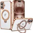 Compatible with iPhone 16 Case with 360 Spin Magnetic Ring Stand [Compatible with Mag-Safe] Full Camera Lens Protector Plating Clear Phone Case for iPhone 16 6.1", Desert Gold