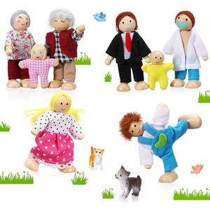 Skylety 10 Pcs Wooden Dollhouse Set of Mini People Figures Dollhouse Dolls Wooden Doll Play Figures Accessories(Rustic Style)