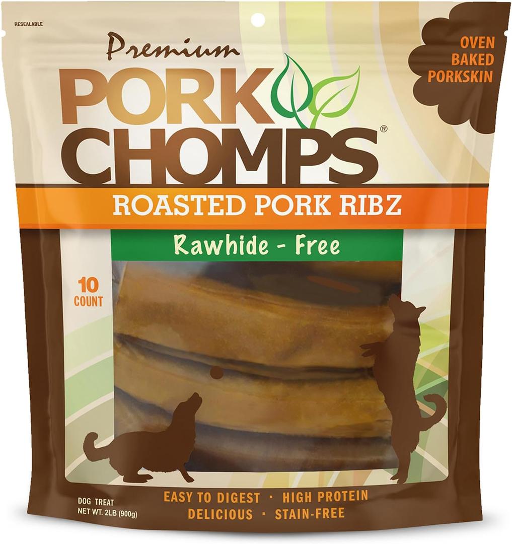 Pork Chomps Roasted Pork Skin Dog Chews, 6 Inch Rib Shapes, 10 Count, Pack of 1 - Long-Lasting Treats for Dogs - High Protein, Rawhide-Free, Low Fat, Healthy & Delicious Chews