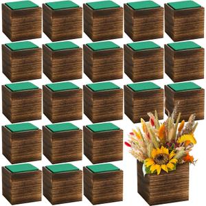 Dandat 24 Set Wood Cube Planter Box Square Wood Vase Rustic Cube Planter Box with Removable Plastic Liner Floral Foam Blocks for Centerpieces Home Wedding Garden Decor, Country Style (Brown)
