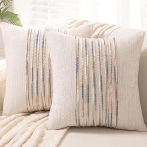 WANLIRD Boho Throw Pillow Covers 18x18 Set of 2 Farmhouse Decorative Cushion Case Striped Square Pillows Cover Chenille Pillow Cases Accent Neutral Pillowcase for Sofa Couch Bed,Yellow-Blue