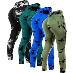 Mumucove 4 Pcs Womens Workout Leggings Tie Dye High Waisted Yoga Pants Seamless Scrunch Butt Lifting Compression Tights(Black, Royal Blue, Dark Green, Army Green,L)