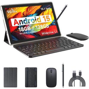 Android 15 Tablet, 10 Inch 18GB RAM+128GB ROM/2TB Expandable Tablet PC, Quad-core 2.0GHz Processor, 1280*800 10" HD Touch Screen, 2.4G/5G WiFi 6 BT 5.0, 2 in 1 Tablets with Keyboard Case Mouse Stylus (Black)