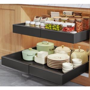 Seinloes 2 Pack Pull Out Cabinet Organizers 21" Deep with Raising Pad for Framed Cabinets, Expandable Slide Out Drawers Upgrade 3 Slide Rails, Roll Out Shelves Adhesive, Adjustable Width 12"-20.45" Black