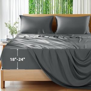 Shilucheng 100% Viscose Derived from Bamboo_Sheets, Extra Deep Pocket Sheets Fits 18"-24" Thick Mattress, Cooling & Breathable Bed Sheets 4Pcs, Hotel Silky Bedding Set (King,Dark Grey)