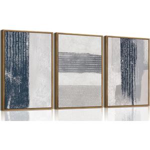 KISSFOX 3 Piece Framed Wall Art Abstract Wall Decor Navy Blue Texture Pictures Modern Minimalist Canvas Art Large Luxury Paintings Artwork for Living Room Bedroom Office