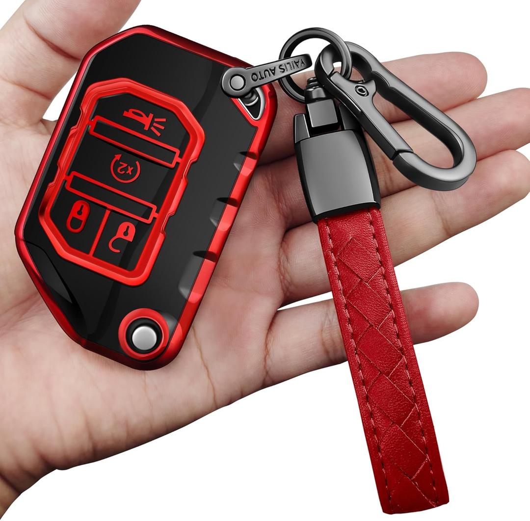 Sindeda for Jeep Key Fob Cover with Keychain Soft Full Protection Key Shell Key Case Compatible with Jeep Gladiator JT Sahara JLU 2018-2023 Jeep Wrangler JL JLU Rubicon (Red)