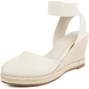 Putu Espadrilles Wedges for Women Closed Toe Wedge Sandals Elastic Ankle Strap Wedge Shoes White Size 7.5