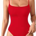 MANGOPOP Women's Cami Thong Bodysuit Double Lined Square Neck Backless Body Suit Adjustable Spaghetti Strap Tank Tops (Medium, Red)