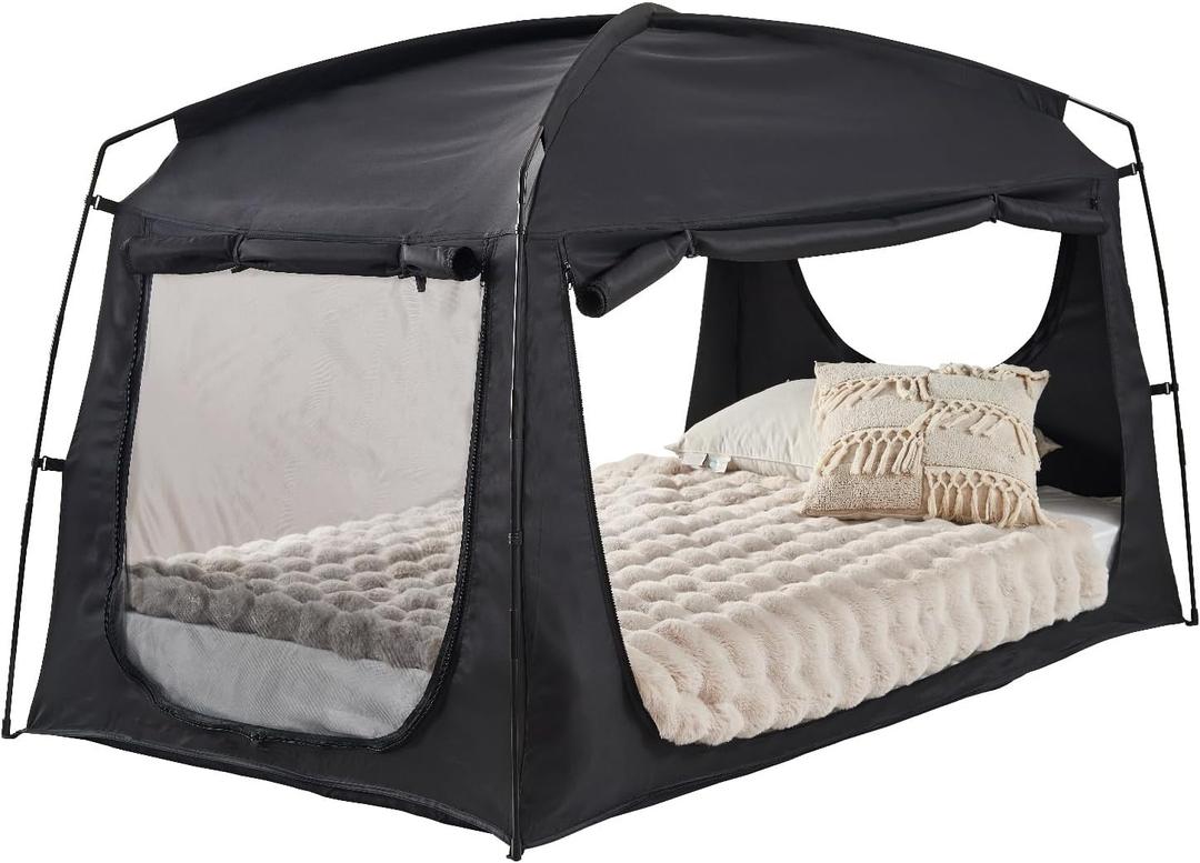 Privacy Sleep Indoor Bed Tent for Adults Kids, Portable Blackout 90% Canopy Tents with 3 Doors Breathable Mesh Windows, Full