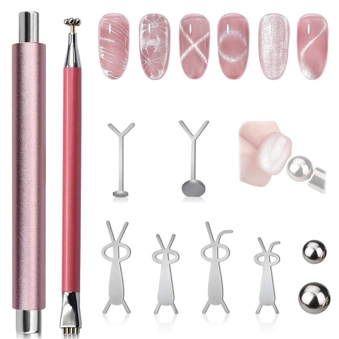 Plman Double-Head Cat Eye Nail Magnet Set, Nail Magnet Tool with Magnet Beads and Nail Magnet Guides, Flower Design Nail Magnetic Pen, Cat Eye Magnet for Nail Art DIY (Double-Head Set-Pink)