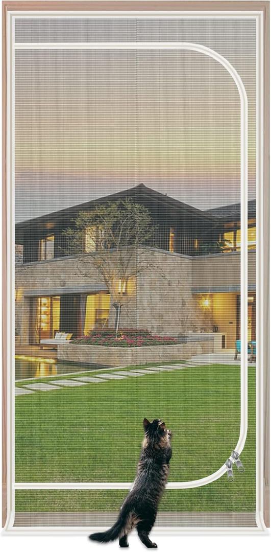 QWR Reinforced Cat Screen Door,Fits Door Size 32''x 80'',Thickened Cat Proof Screen Door with Zipper Closure for Living Room,Kitchen,Bedroom.